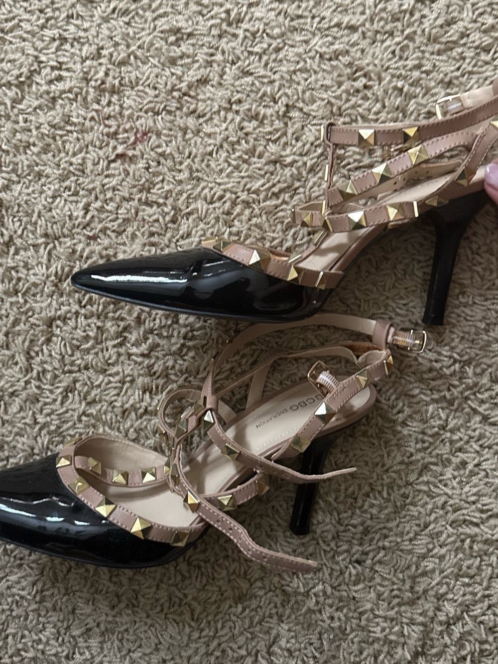 Studded Pointed-Toe Strappy Pump in Black and Nude